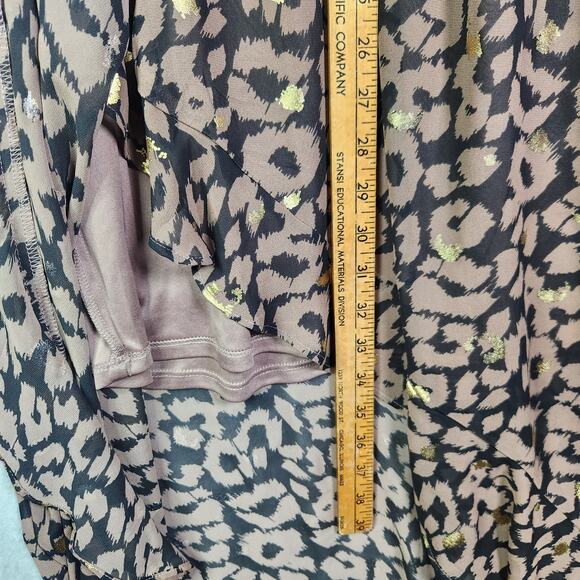 Express Smocked Waist Hi-Lo Cheetah Dress L Ruffles V Neck Wedding Guest Chiffon - Picture 16 of 16